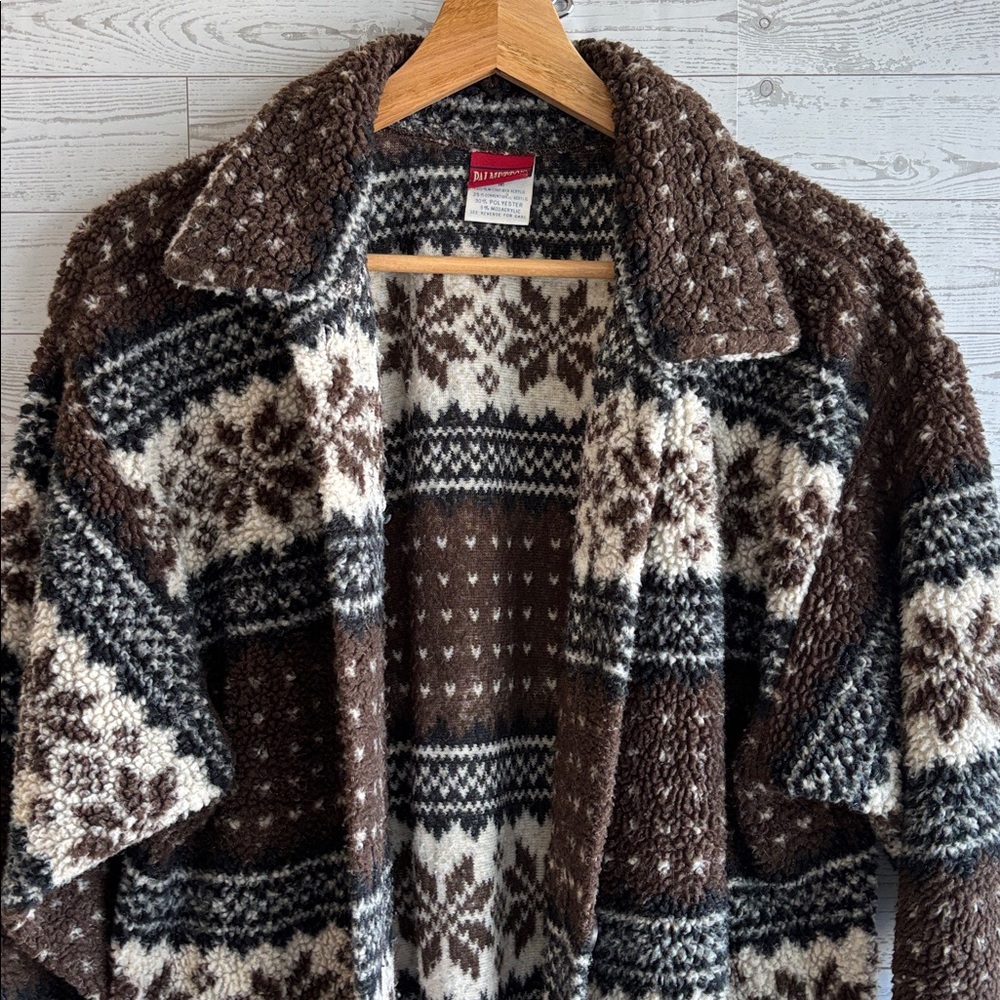 Fair Isle Coat Fleece Brown Palmettos Snowflake Jacket medium vintage - Picture 2 of 6